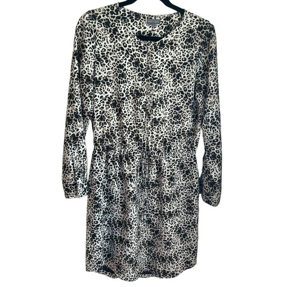 Vince Camuto Women's Leopard Print Drawstring Dress Size 4 Long Sleeve Scoop Hem - Picture 2 of 10